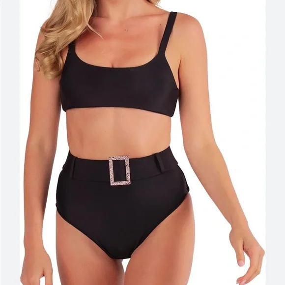 Black High Waisted Two Piece Set | Black High Waisted Bikini with Belted Bottom - Picture 2 of 9